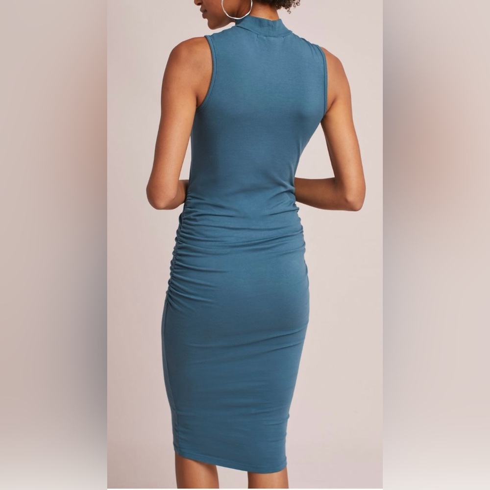 Blue Bodycon Midi Dress with Mock Neck